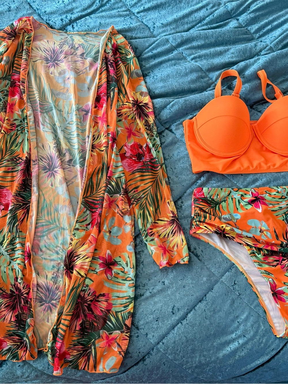 SHEIN Orange Tropical Floral Swim Bikini Set with Cover-Up